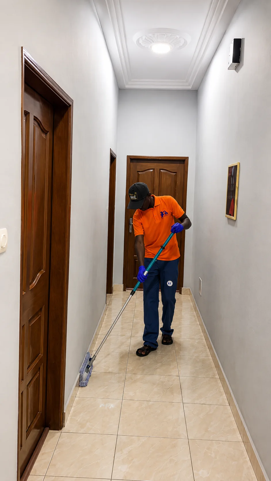 Agent JEK Solutions assurant l’entretien d’un couloir intérieur